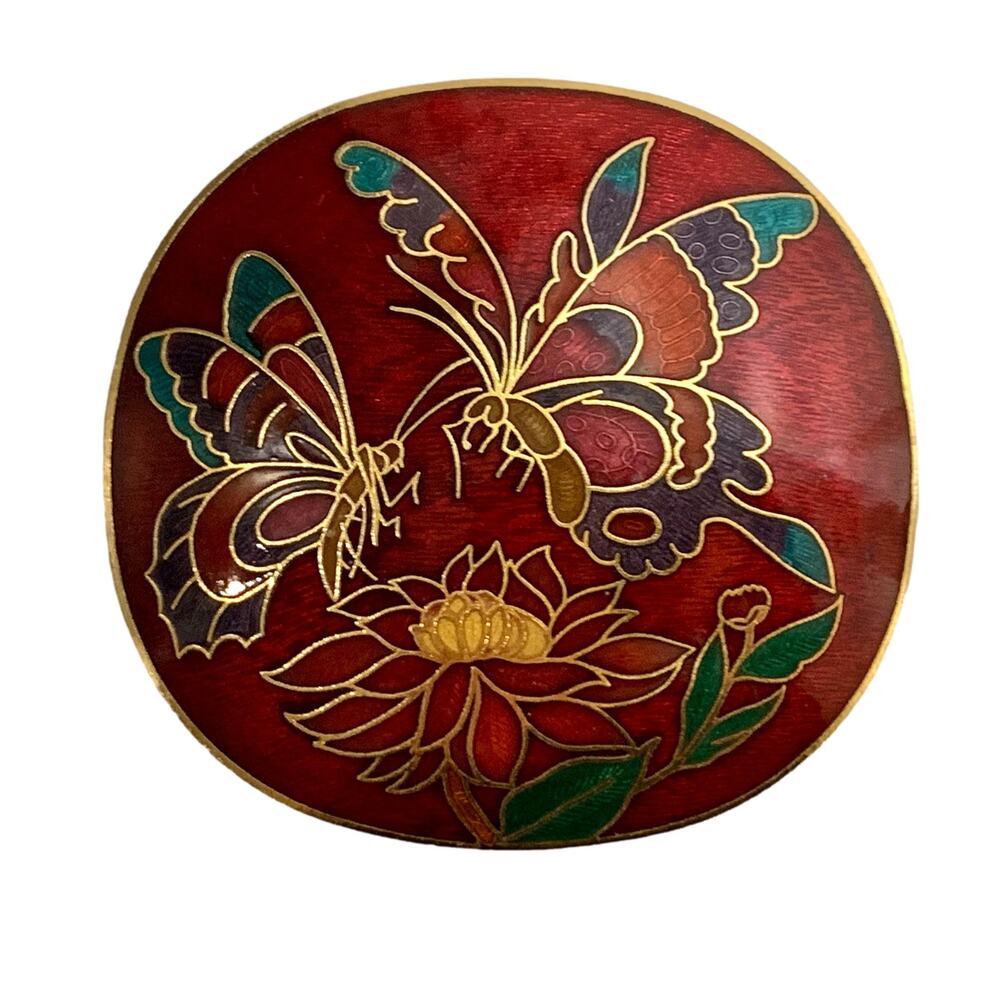 70s Cloisonné Belt Buckle | Red and Gold Butterfly & Flowers | 2.25" x 2.25"